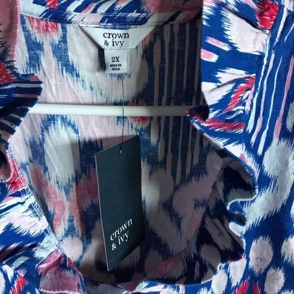 Crown & Ivy Blouse top blue pink Linen blend sleeveless plus SZ 2X New w/tags - Picture 6 of 7
